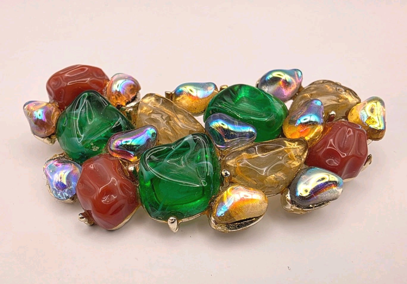 Vintage Hi End Multicolor Poured Marbled Glass Prong Set Silvertone Brooch