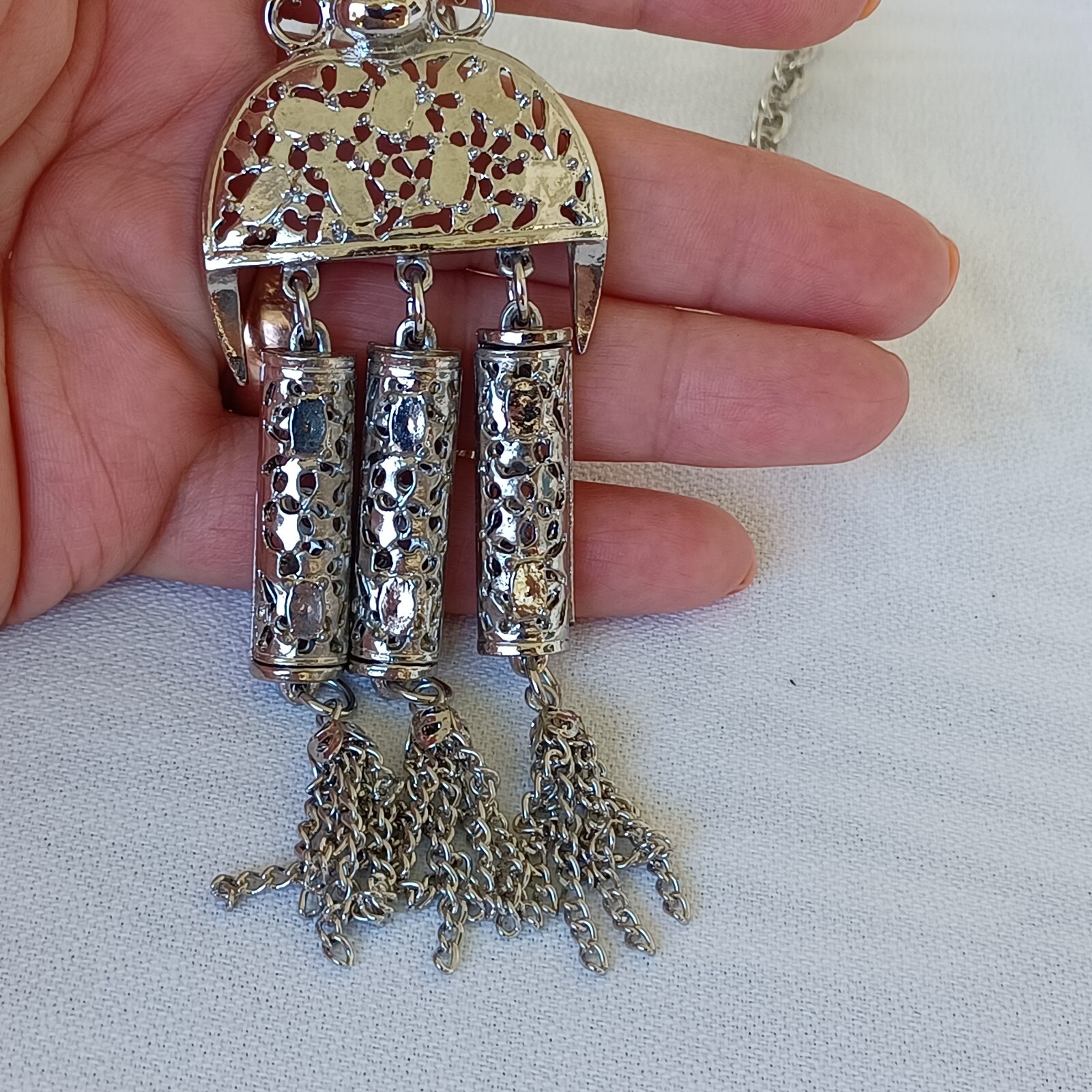 Vintage S/Tone Persian Style Chain Necklace Half Circle Pendant Dangle Tubes