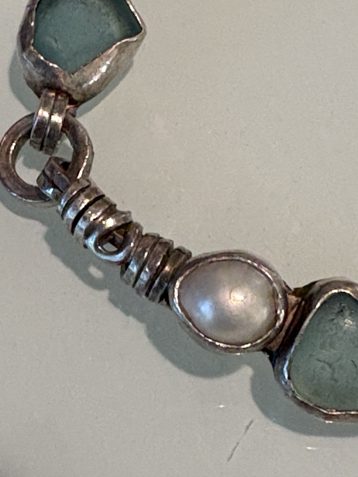 VTG 925 Sterling Silver, Blue Seaglass And Pearl Bracelet 7.5 Handmade 22 Grams