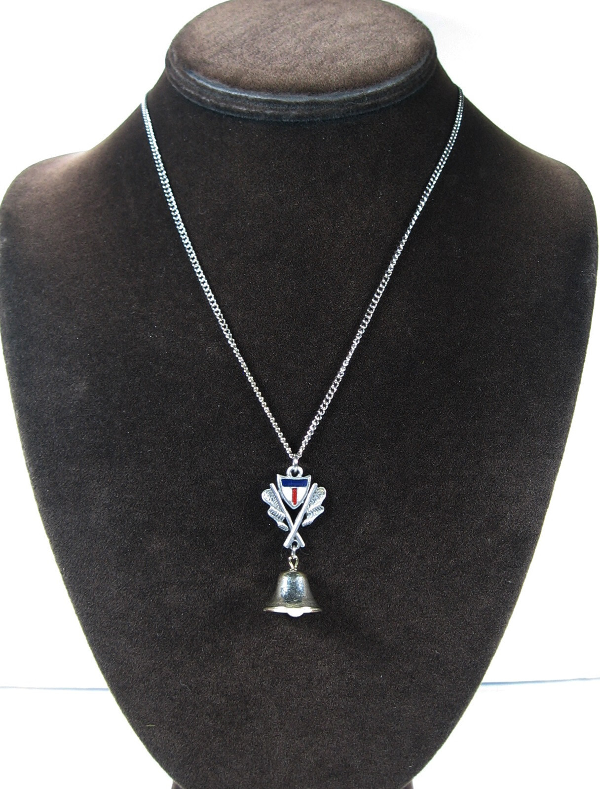 Red White Blue Enamel SHIELD Pewter Pendant Vintage Necklace Silvertone BELL ART