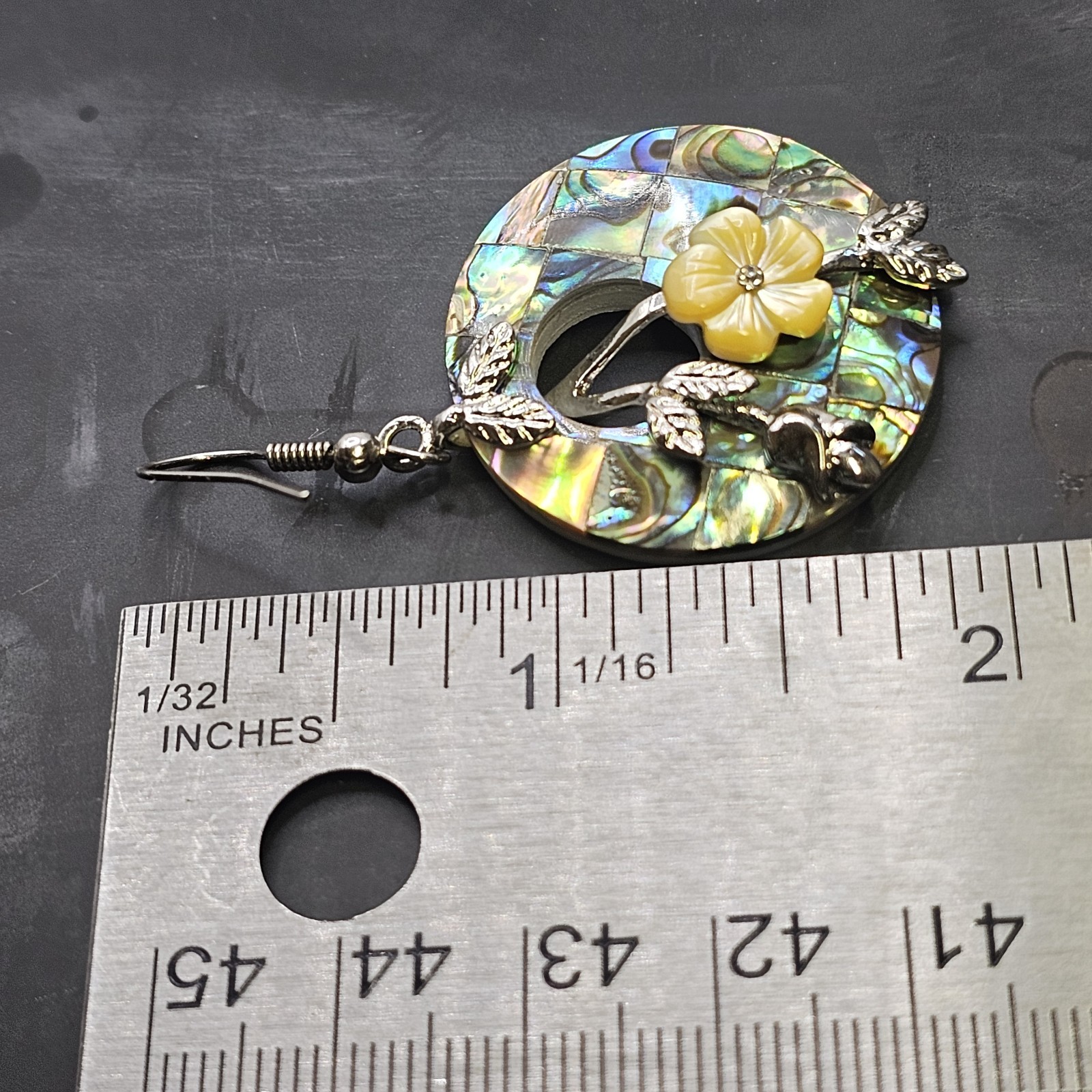 Vintage Abalone Mosaic Mother Of Pearl Floral Dangle Earrings Paua Shell Inlaid