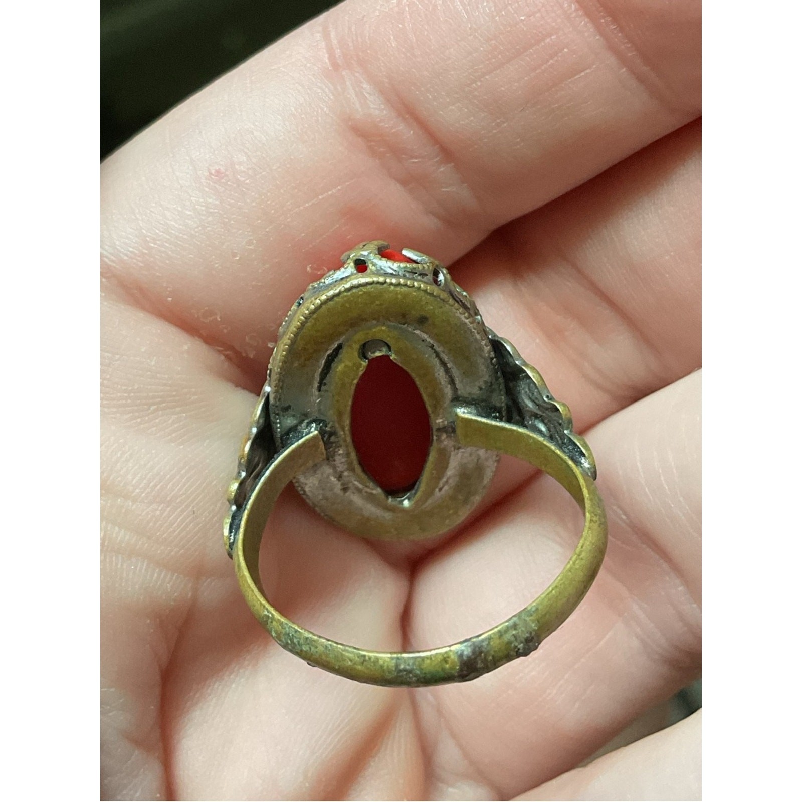 Vintage Red Coral Filigree Gold Tone Ring Size 7
