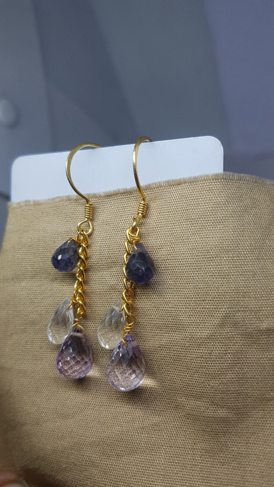 Iolite pink amethyst Clear quartz gemstone 925 sterling silver earrings jewelry