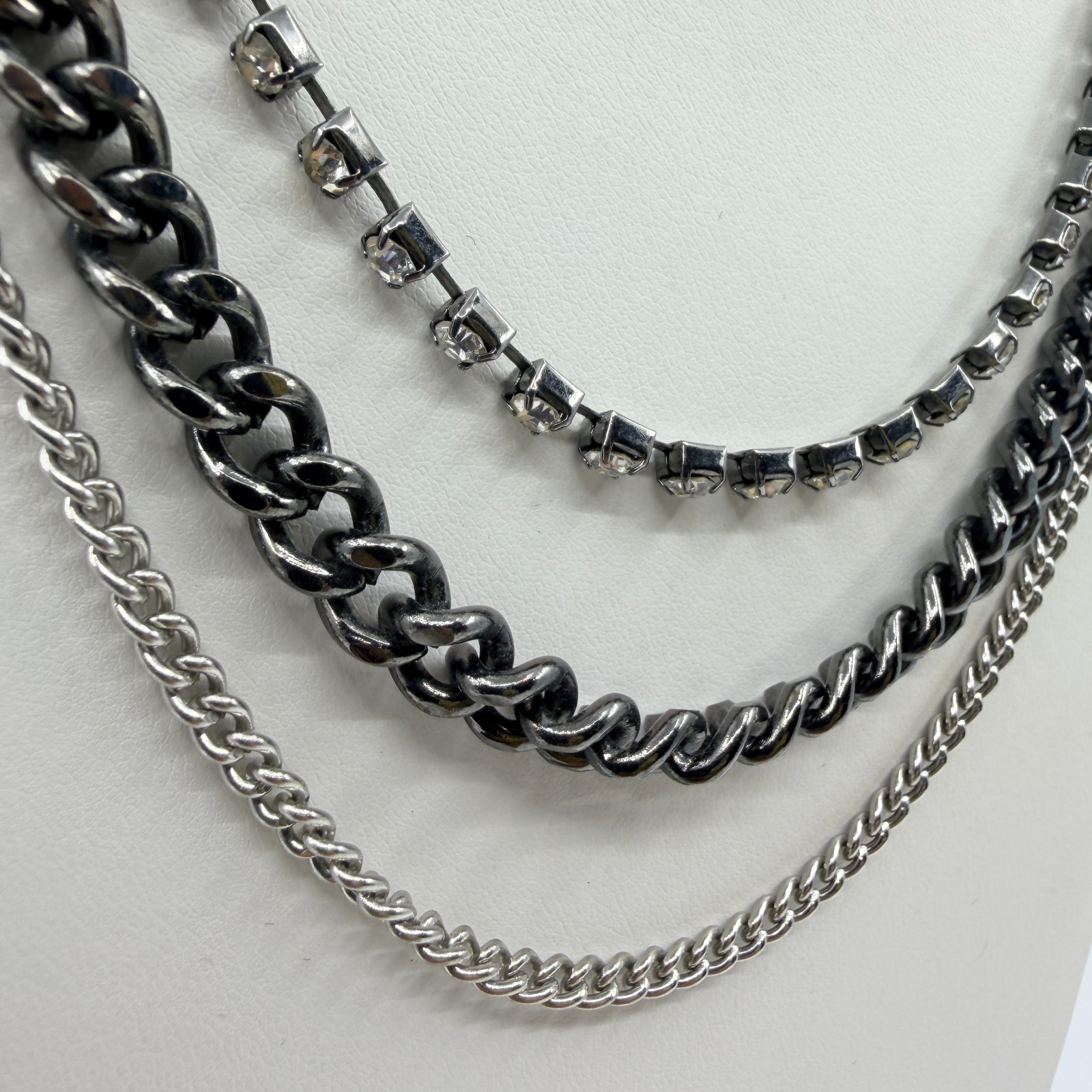 Vintage Gunmetal Tone Layered Necklace Multi Strand Chunky Curb Chain Rhinestone