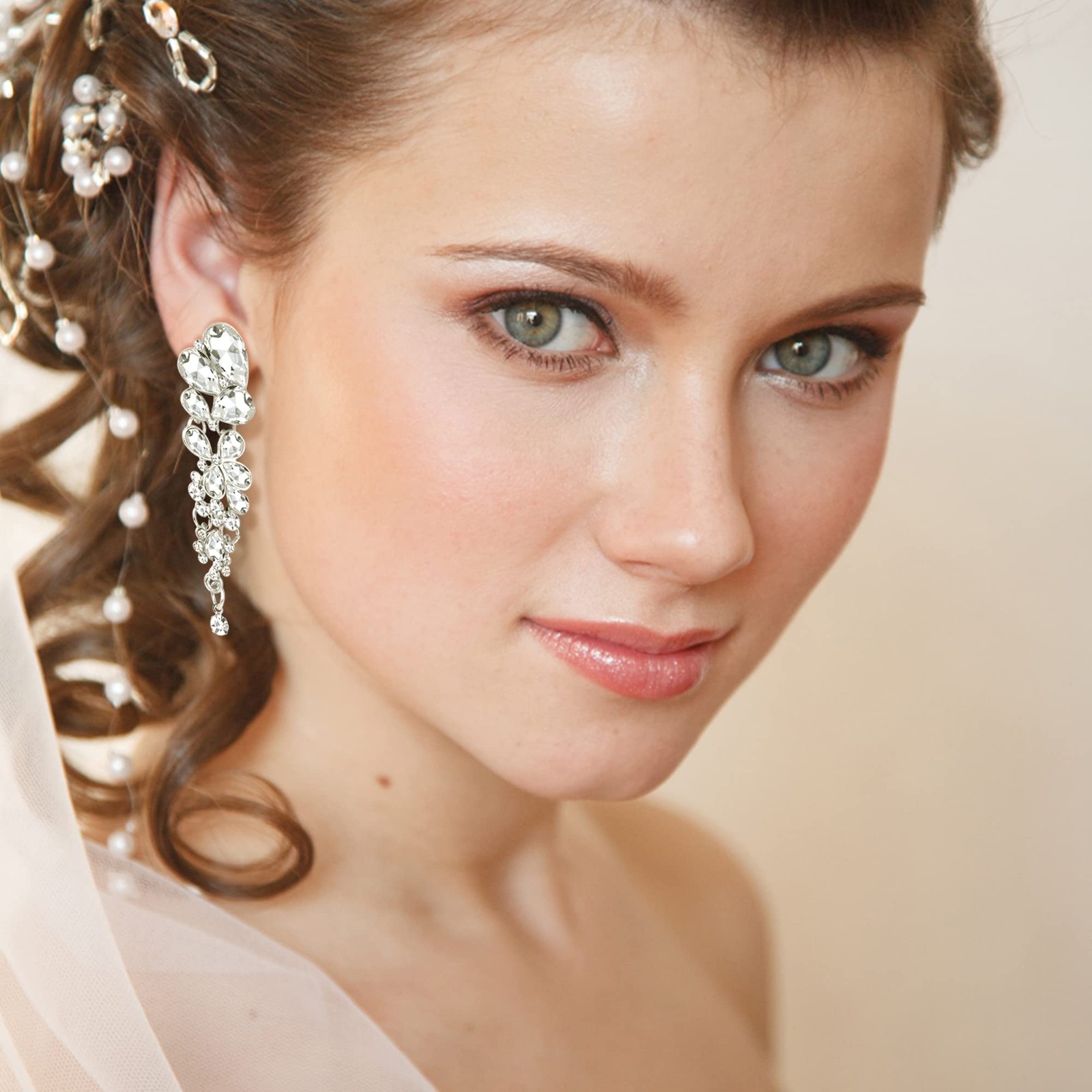 4 Pairs Silver Clip on Earrings for Women, Sparkly Rhinestone Tassel Chandeli…