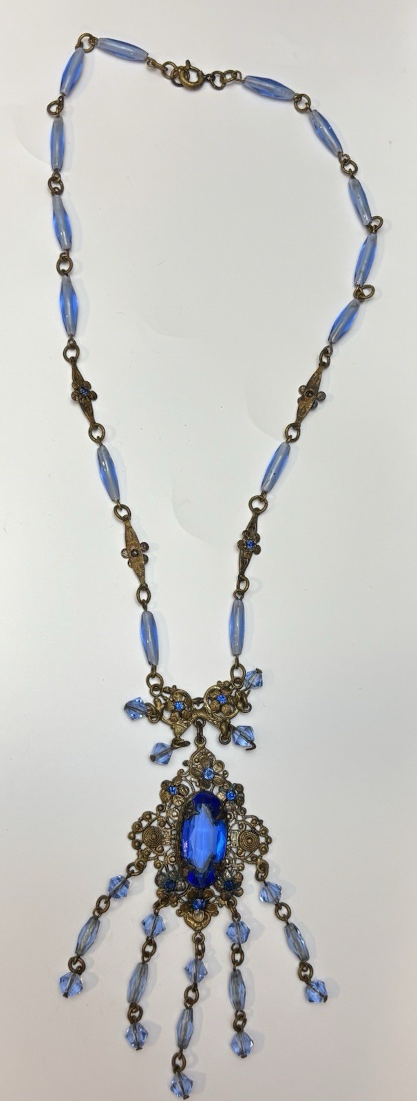 Vtg Czech Art Deco Brass Filigree Sapphire Blue Glass Fringe Festoon Necklace