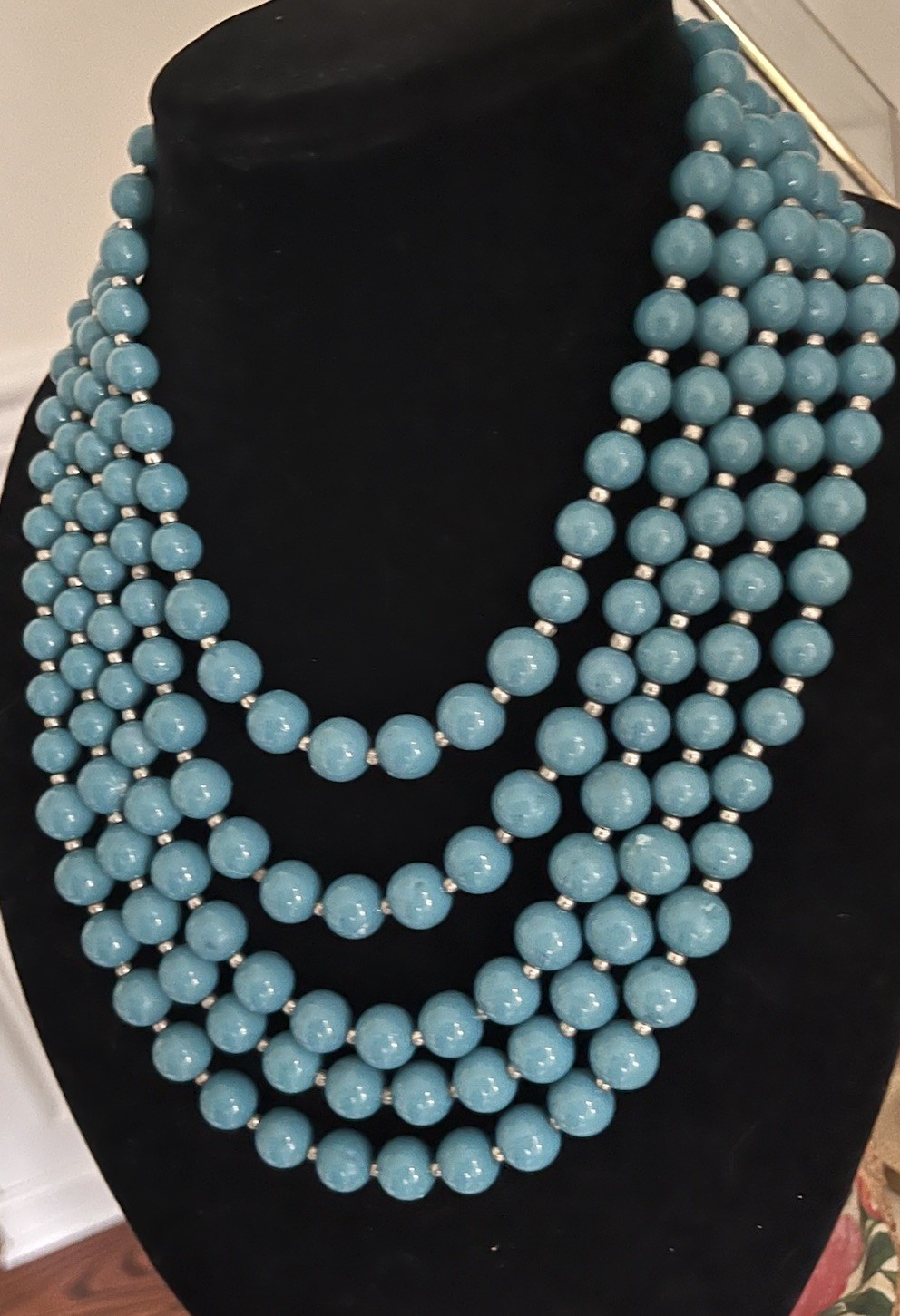 Vintage Turquoise Teal Blue Multi 5 Layered Beaded Silver Graduated Bib Necklace