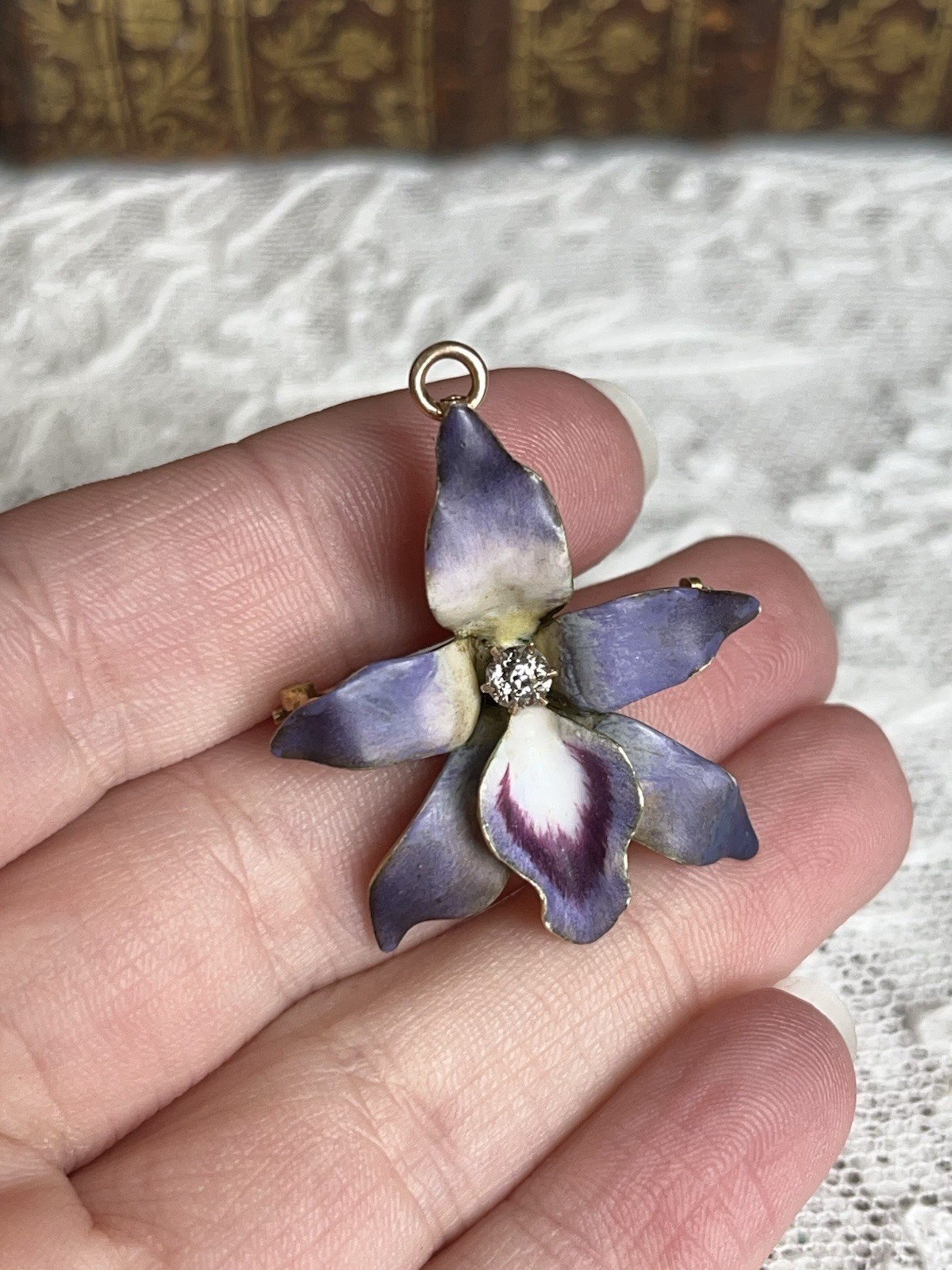 Antique Art Nouveau 14k Purple Enamel Diamond Orchid Brooch Pendant Original Box