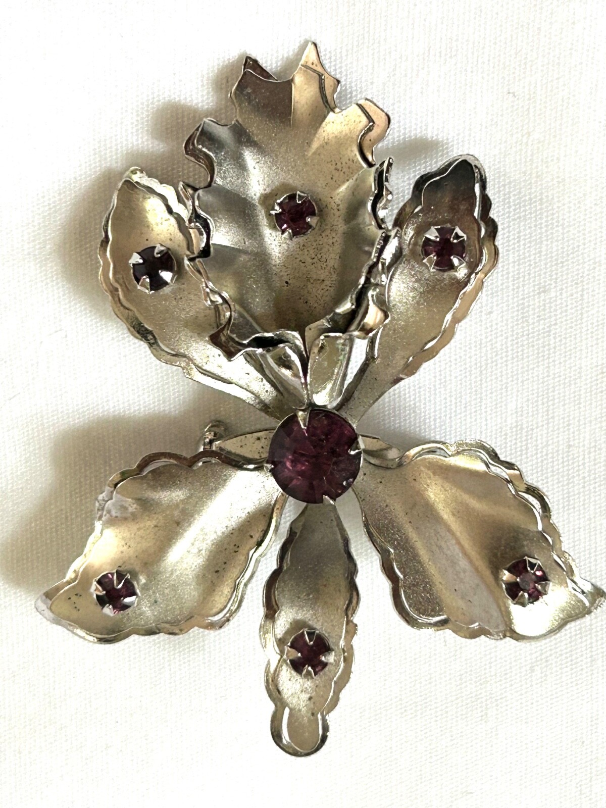 Vintage Orchid Brooch Pendant With Purple Clear Rhinestones Silver-tone