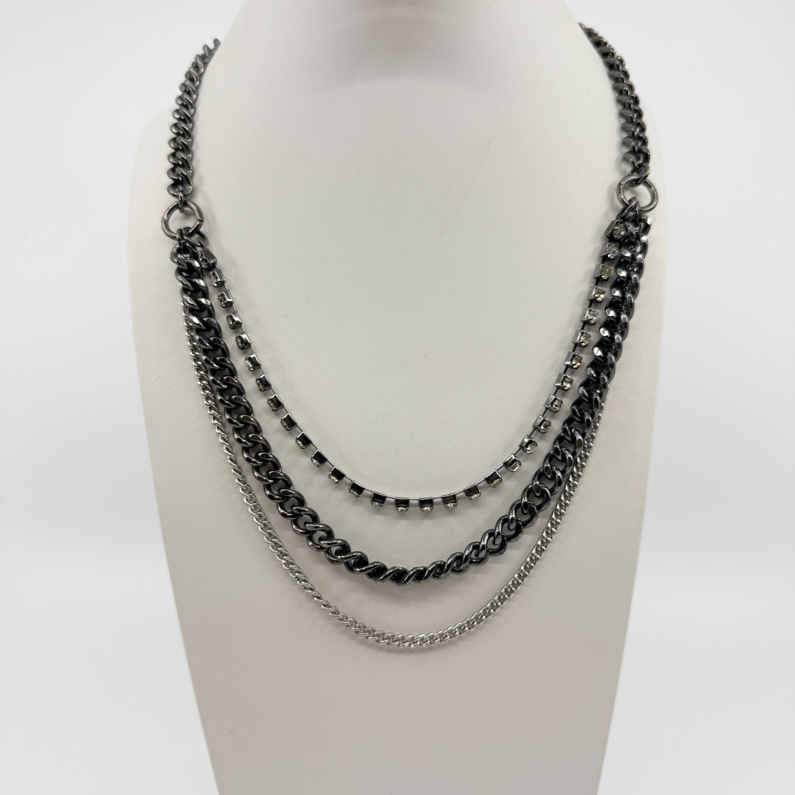 Vintage Gunmetal Tone Layered Necklace Multi Strand Chunky Curb Chain Rhinestone