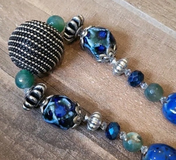 Vtg Multicolored Stone Beaded Silver Tone Necklace Toggle Closure, Free Shipping