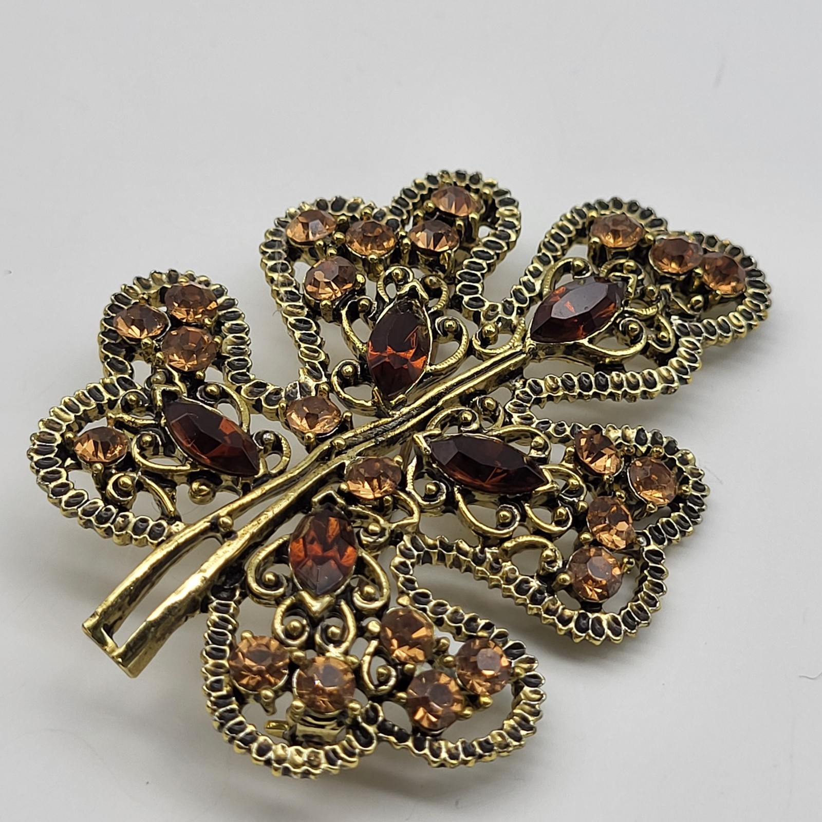 Lovely vintage large earthtones rhinestone brooch pin leaf Boho MCM