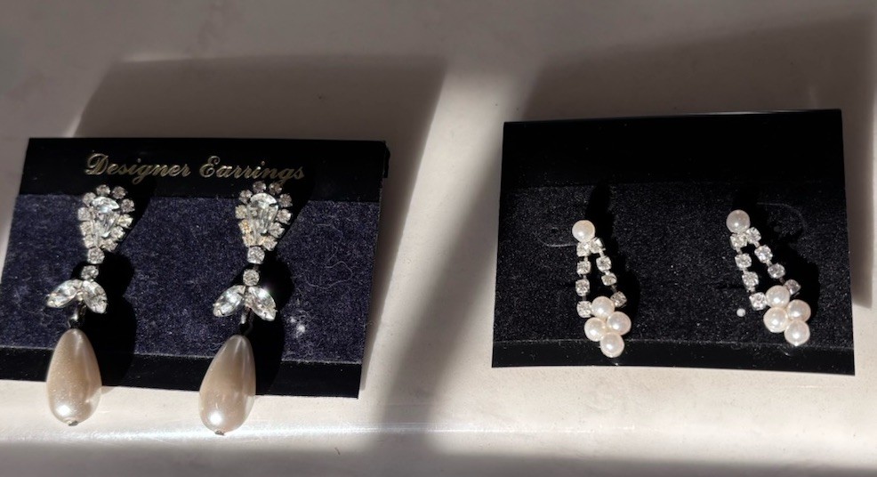 Vintage Costume Jewelry Faux Pearl And Rhinestones Drop Earrings (2 Pairs)