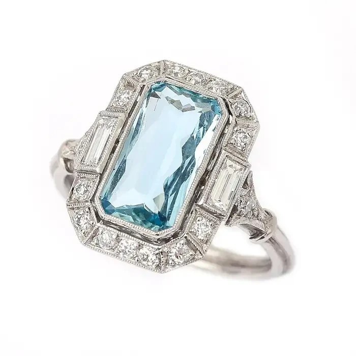 4.98Ct Art Deco Style Emerald Cut Lab-Created Aquamarine 14K White Gold FN Ring