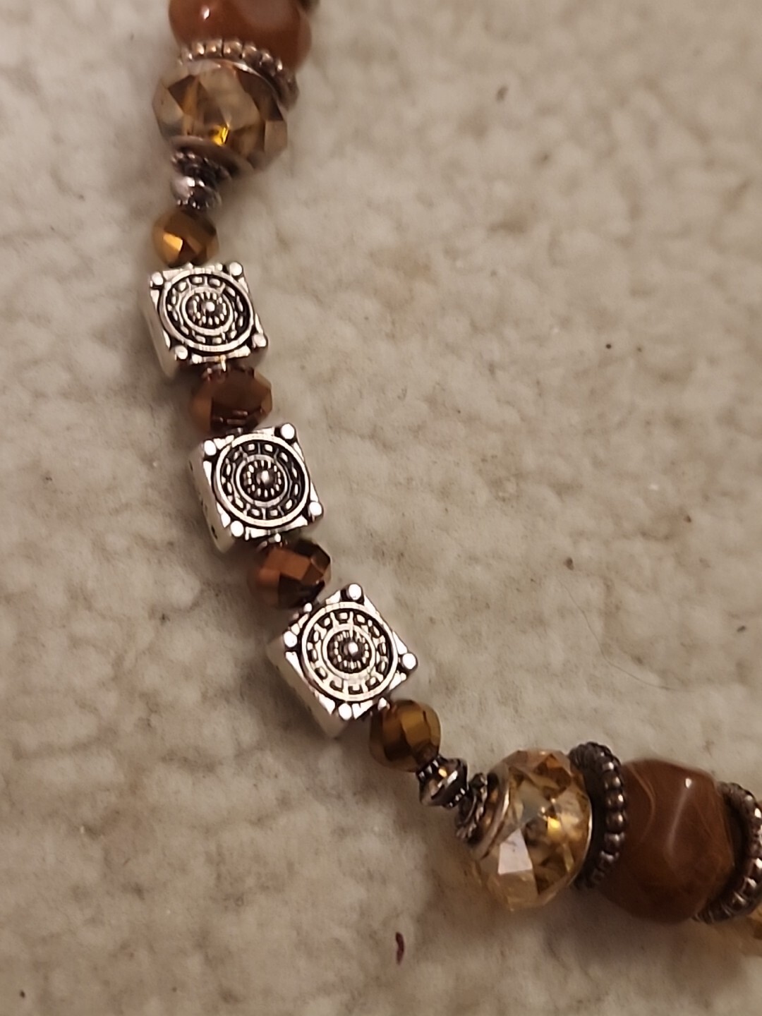 Vintage Metal & Agate Stone BOHO With Amber AB beaded Necklace 18”