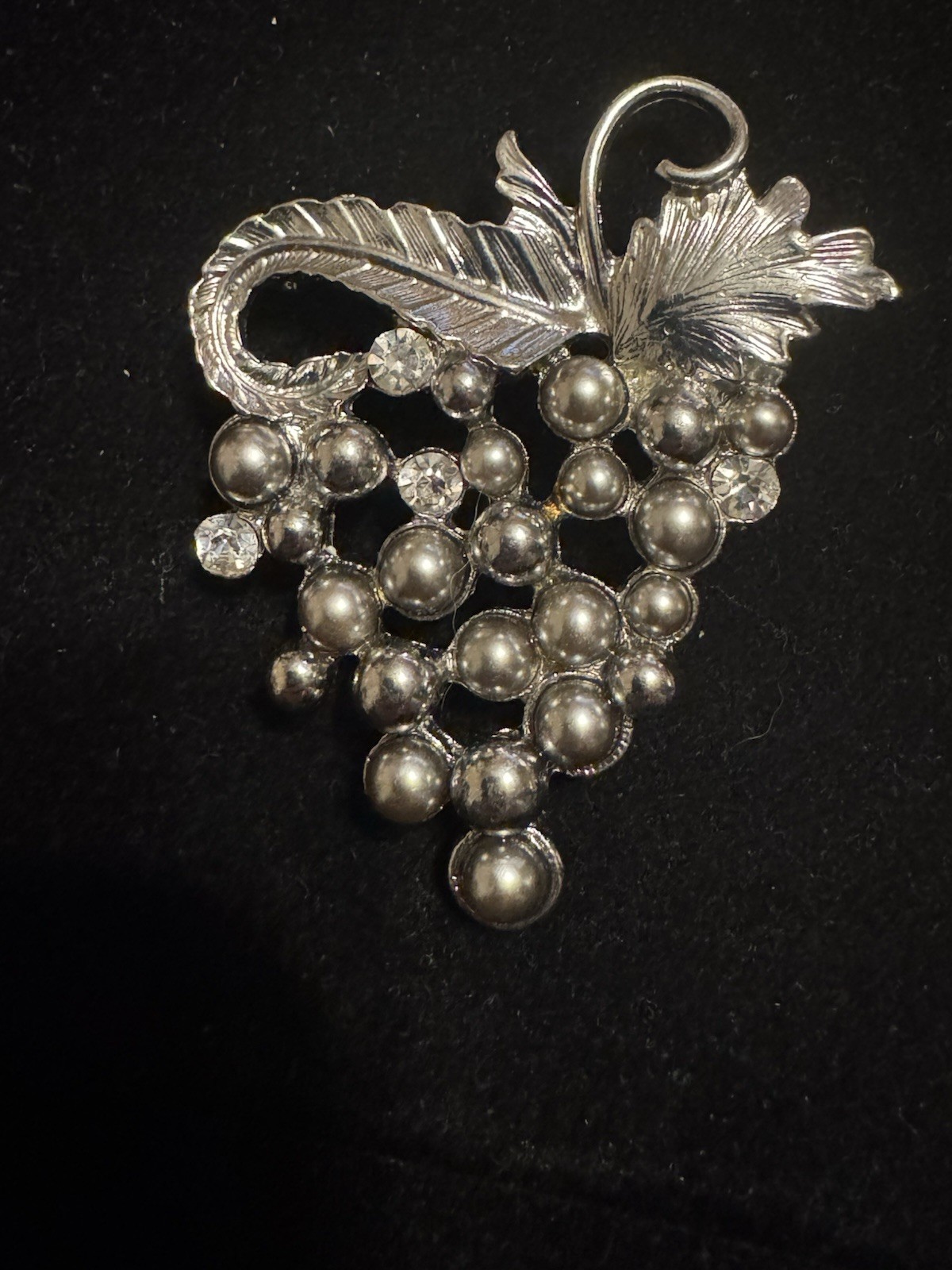 1928 Bunch Of Grapes Brooch, Metal with Faux Gray Pearls and White Rhinestones