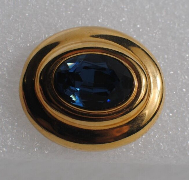 Vintage Oval Blue Glass Color Glass Gold Tone Brooch Pin 1 3/4 in. x 2 in.