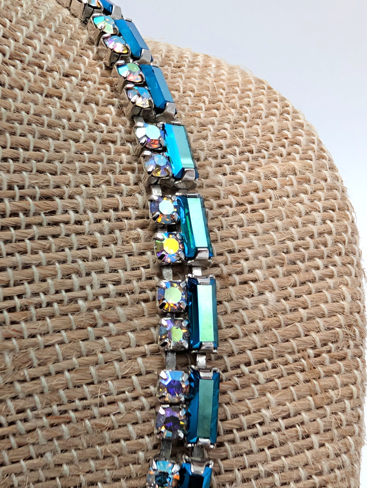 Vintage Vendome Blue and Aurora Borealis Glass Stones 16 1/2 Inch Necklace
