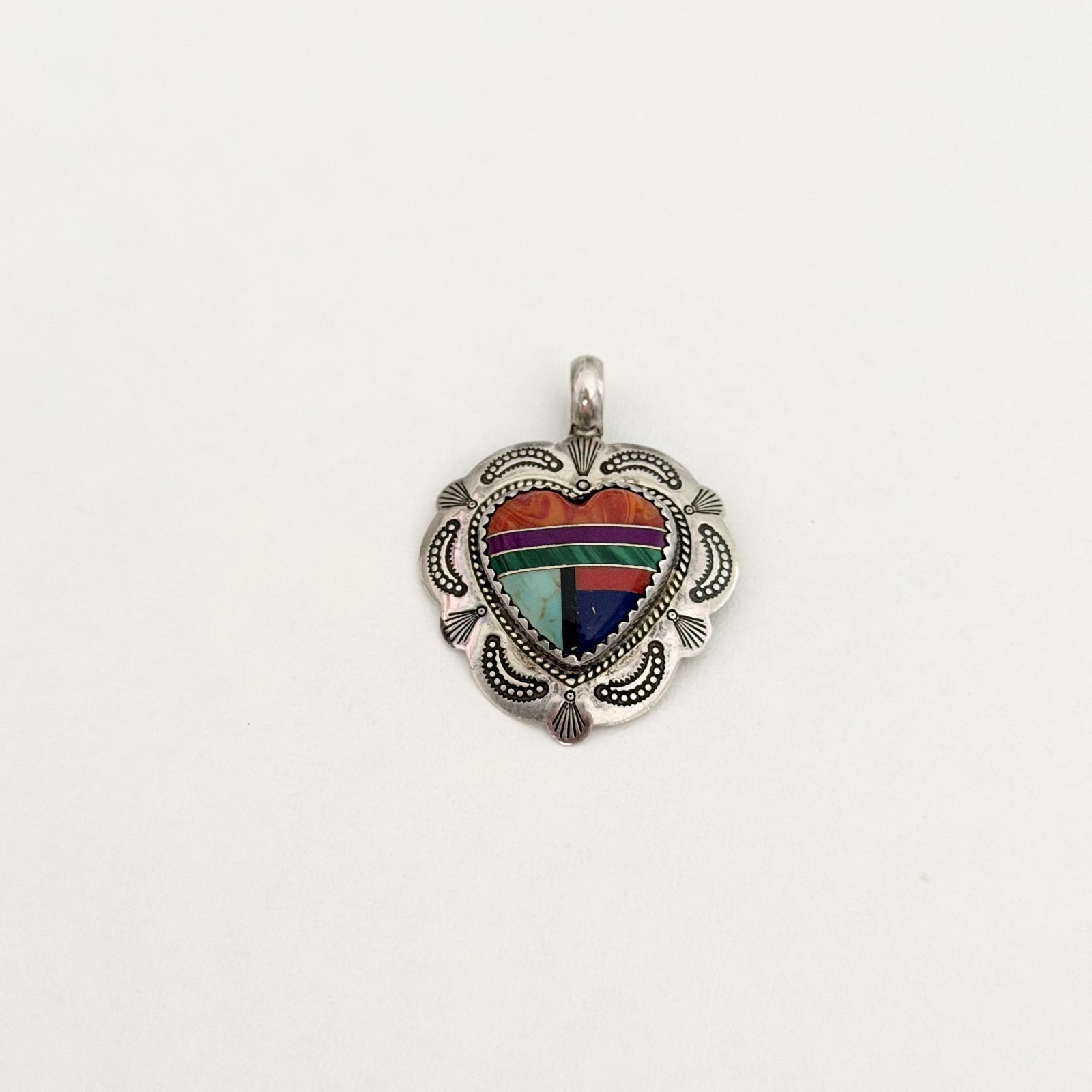 Vintage QT Sterling Native American Multi Gemstone Inlay Heart Southwest Pendant