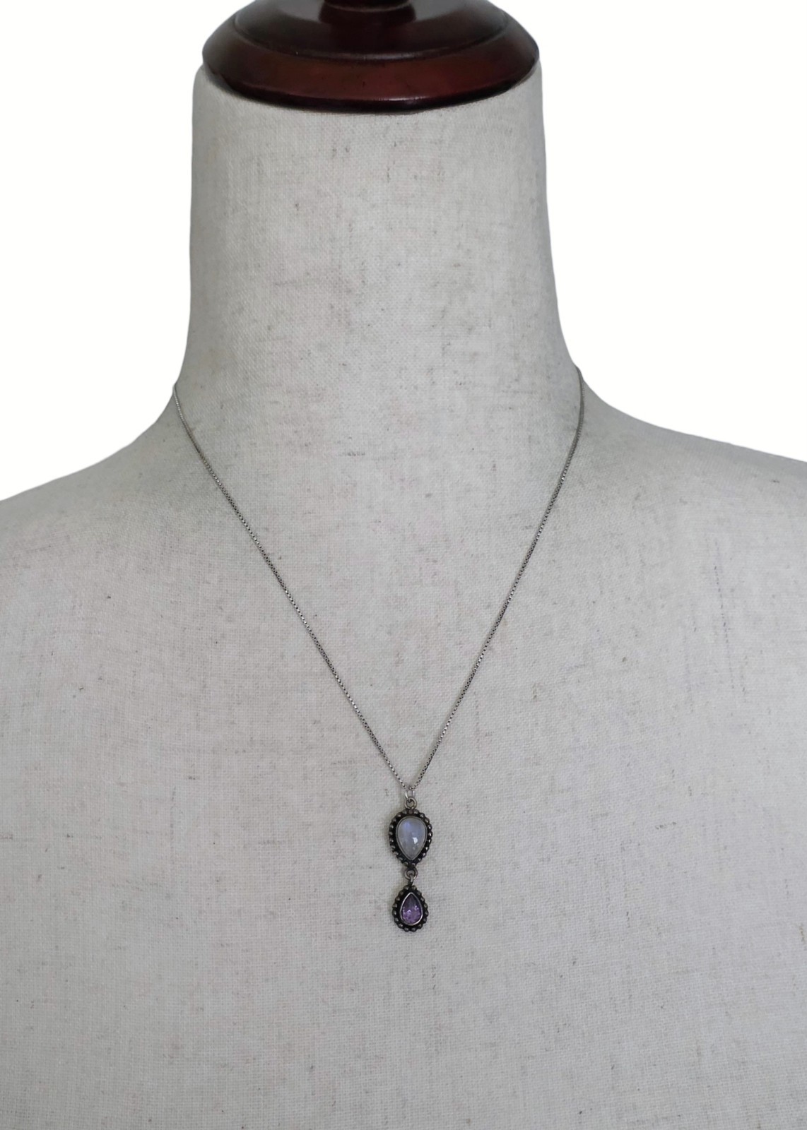 Vintage 925 Sterling Silver Moonstone Amethyst Teardrop Pendant Necklace 18″