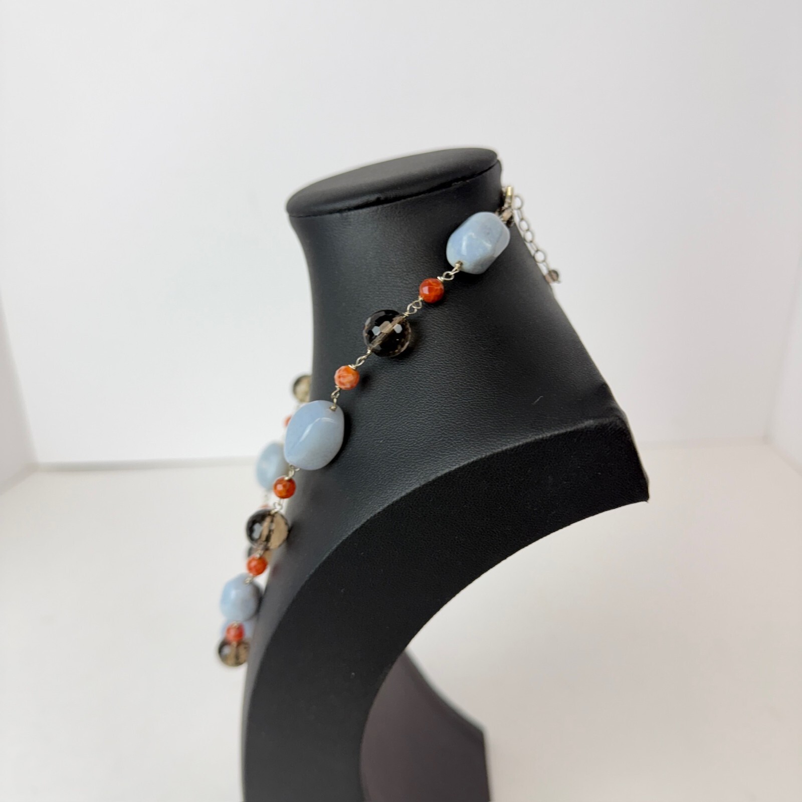 Polished Agate Blue Gemstone Smoky Quartz Faceted 19″ Chain Necklace 925 Clasp
