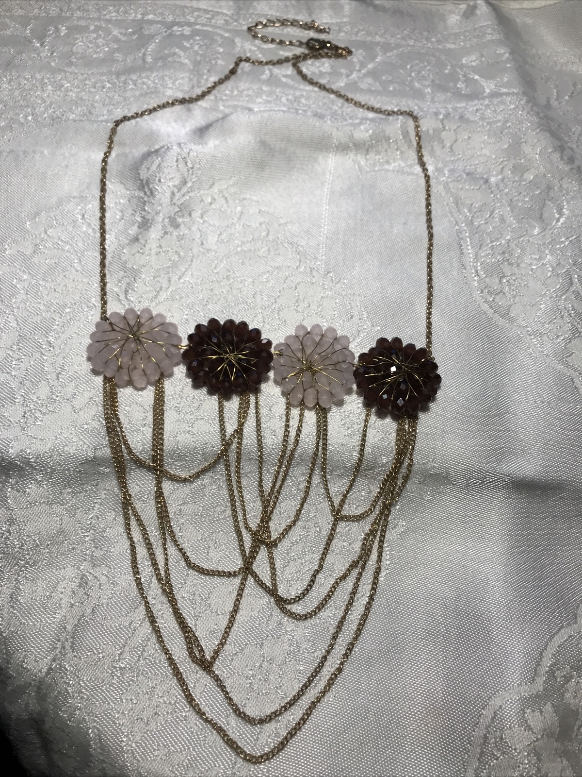 Necklace Light Pink/Purple/Burgundy Glass Bead Charm Gold Tone Chain Link 24-27”