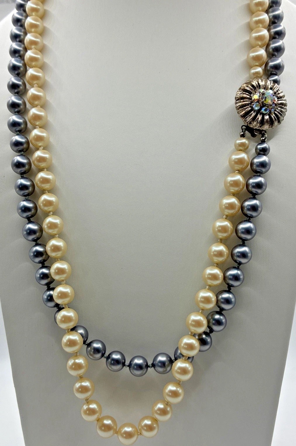 Vintage Double Strand Faux Pearl Necklace Hand Knotted Rhinestone Clasp Wedding