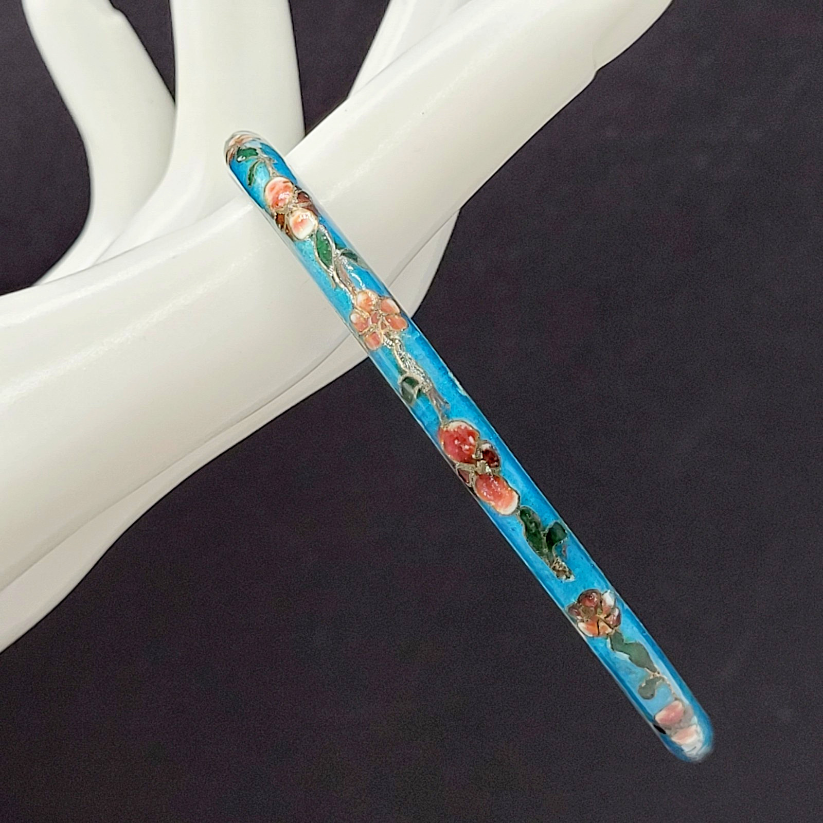 Cloisonné Light Blue Enamel Floral Hand Painted Asian Inspired Bangle Bracelet