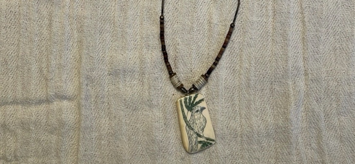 Bird On Fir Tree 1.5” Scrimshaw Necklace Vintage Heishi & Silver Tube beads 17”
