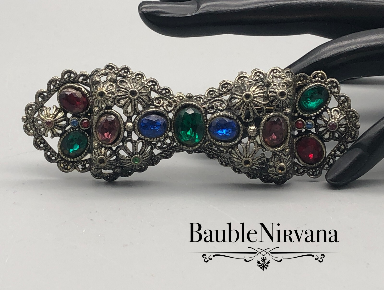 Vintage Silver Flowers Filigree Multi Color Jeweled Glass Stones Bow Pin Brooch