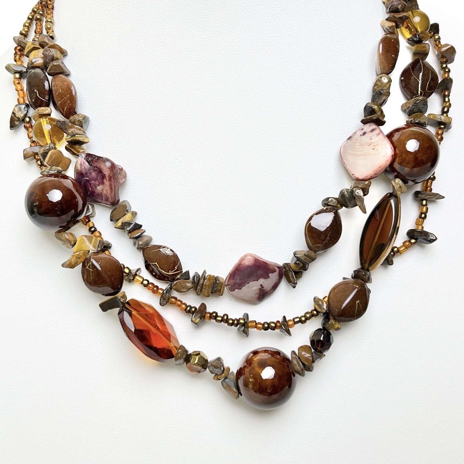 Multi Strand Beaded Necklace Earthy Natural Shell Glass Statement Boho Chic Vtg
