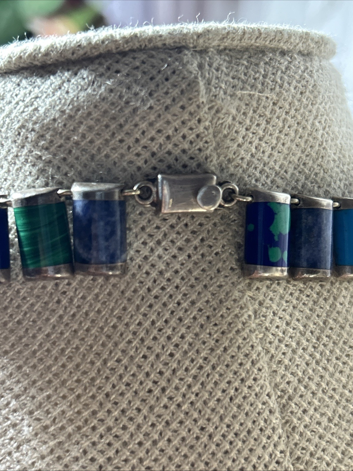 53. Vintage 925 Sterling Inlaid Multi Stone Link Collar Necklace 16″, 57.7g, Mex