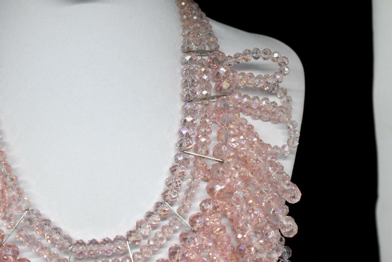 STUNNING Rose PINK Crystal Beaded Bib Draping Loop Necklace Adjustable Clasp