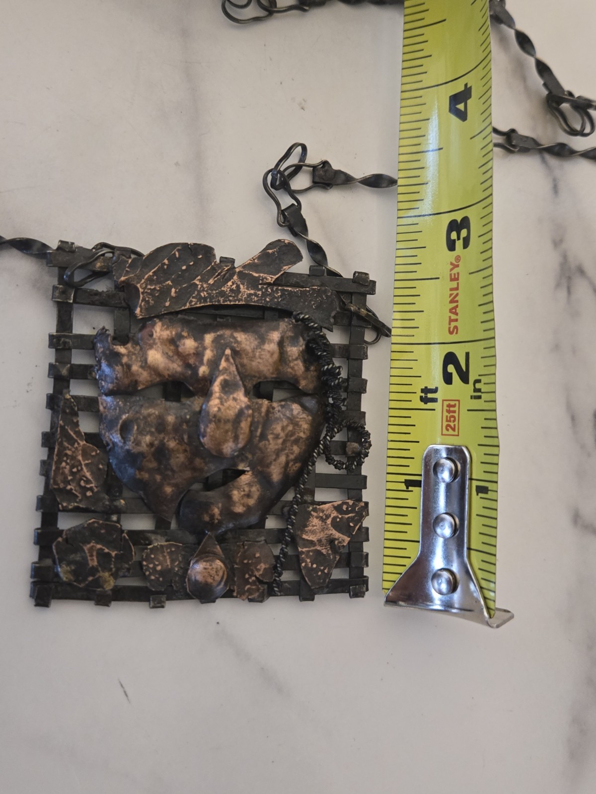 Vintage Brutalist Pendant Necklace Brass Bronze Tone Metal Necklace