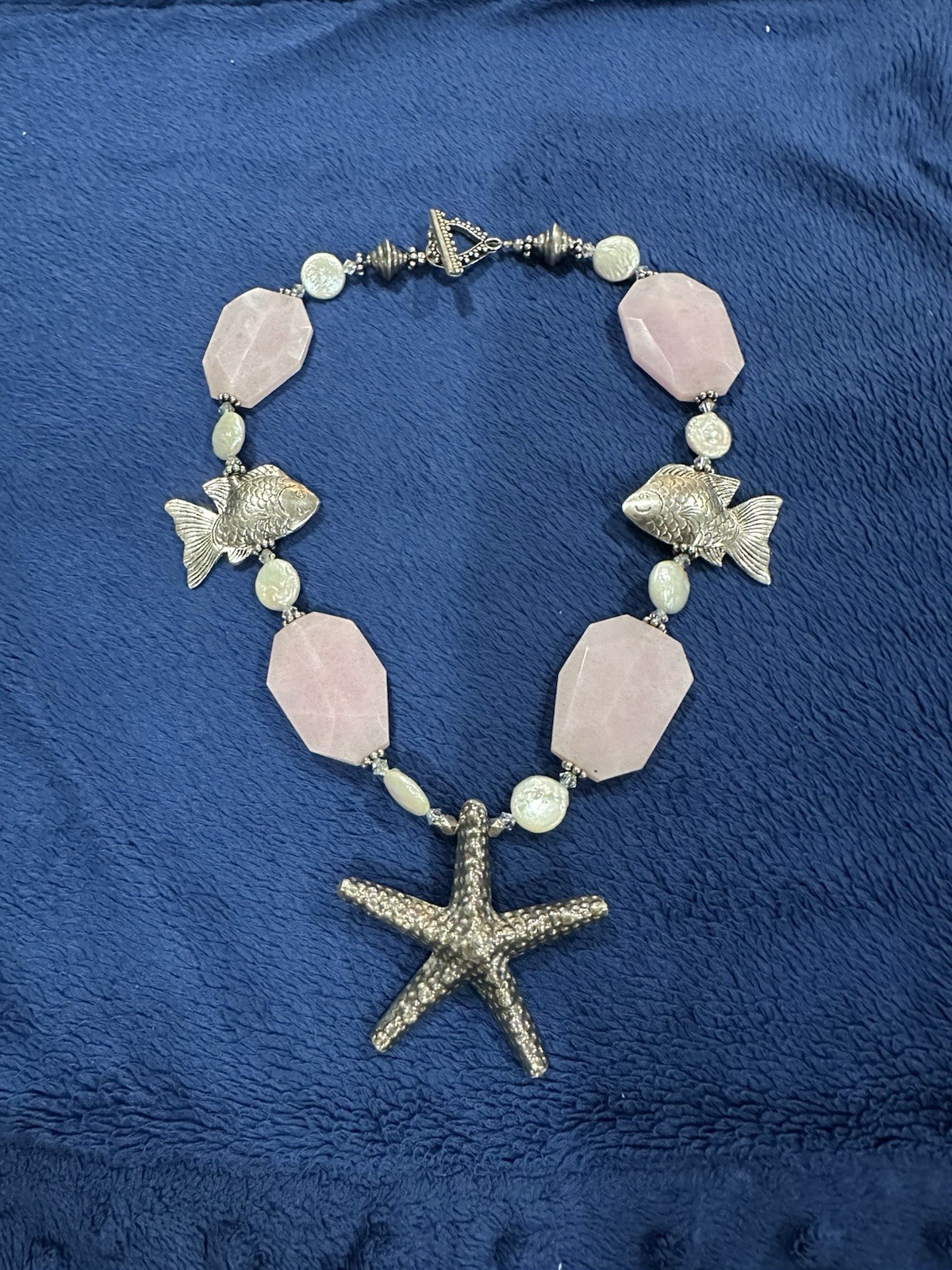 Sterling Silver 925 Rose Quartz MOP Starfish Fish Chunky Necklace, 17.5in Long