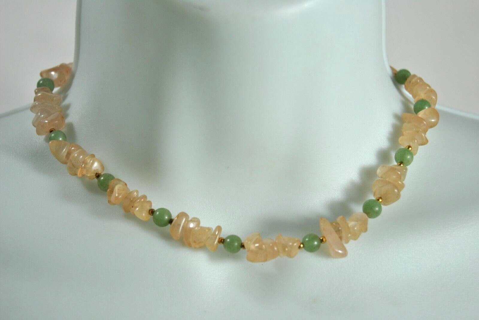 Vintage Jade Pink and Green Bead 15″Necklace Hand Strung Gold Tone Twist Closure