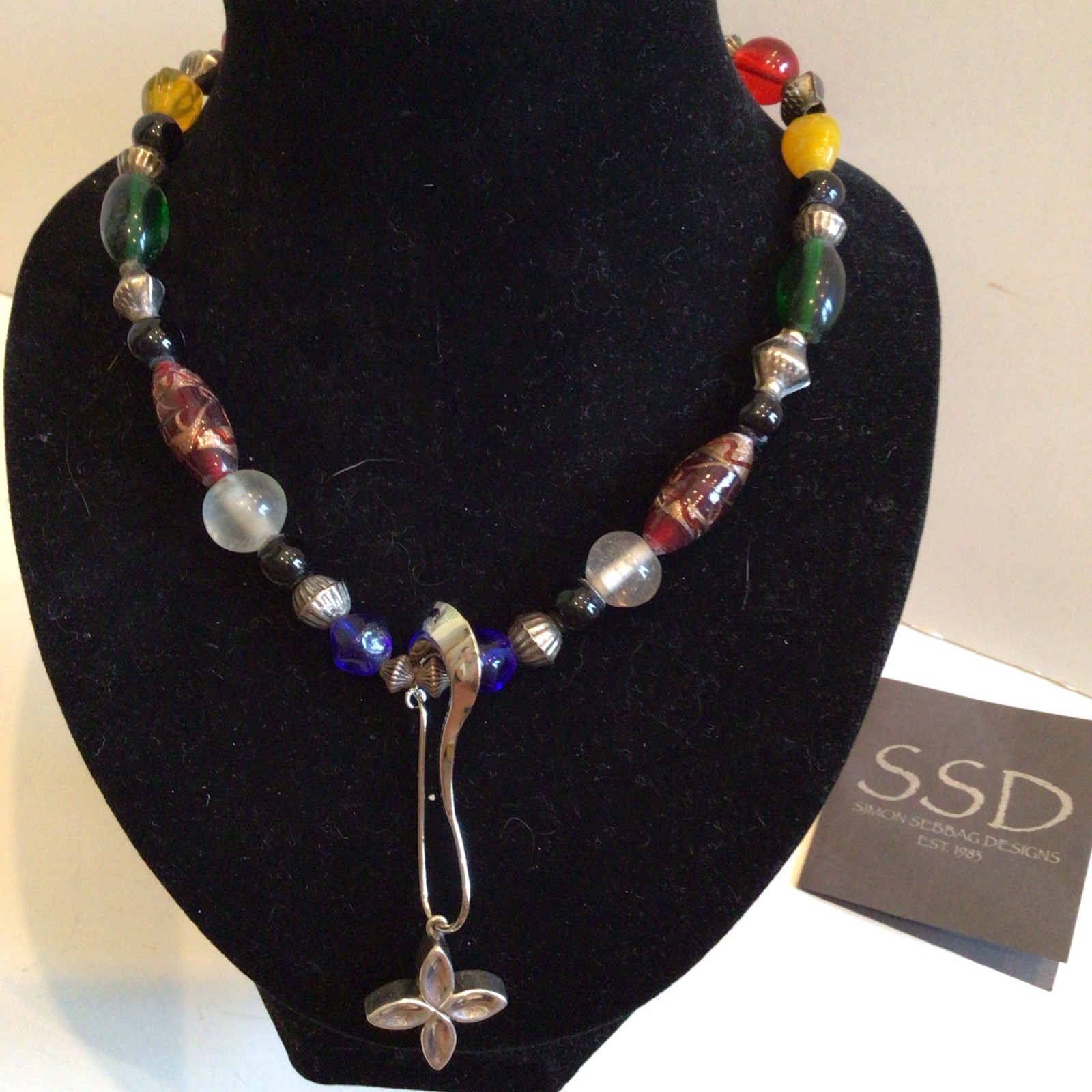 SPECIAL SEBBAG VON MUSULIN NECKLACE STERLING FLOWER W/GORGEOUS GLASS BEADS