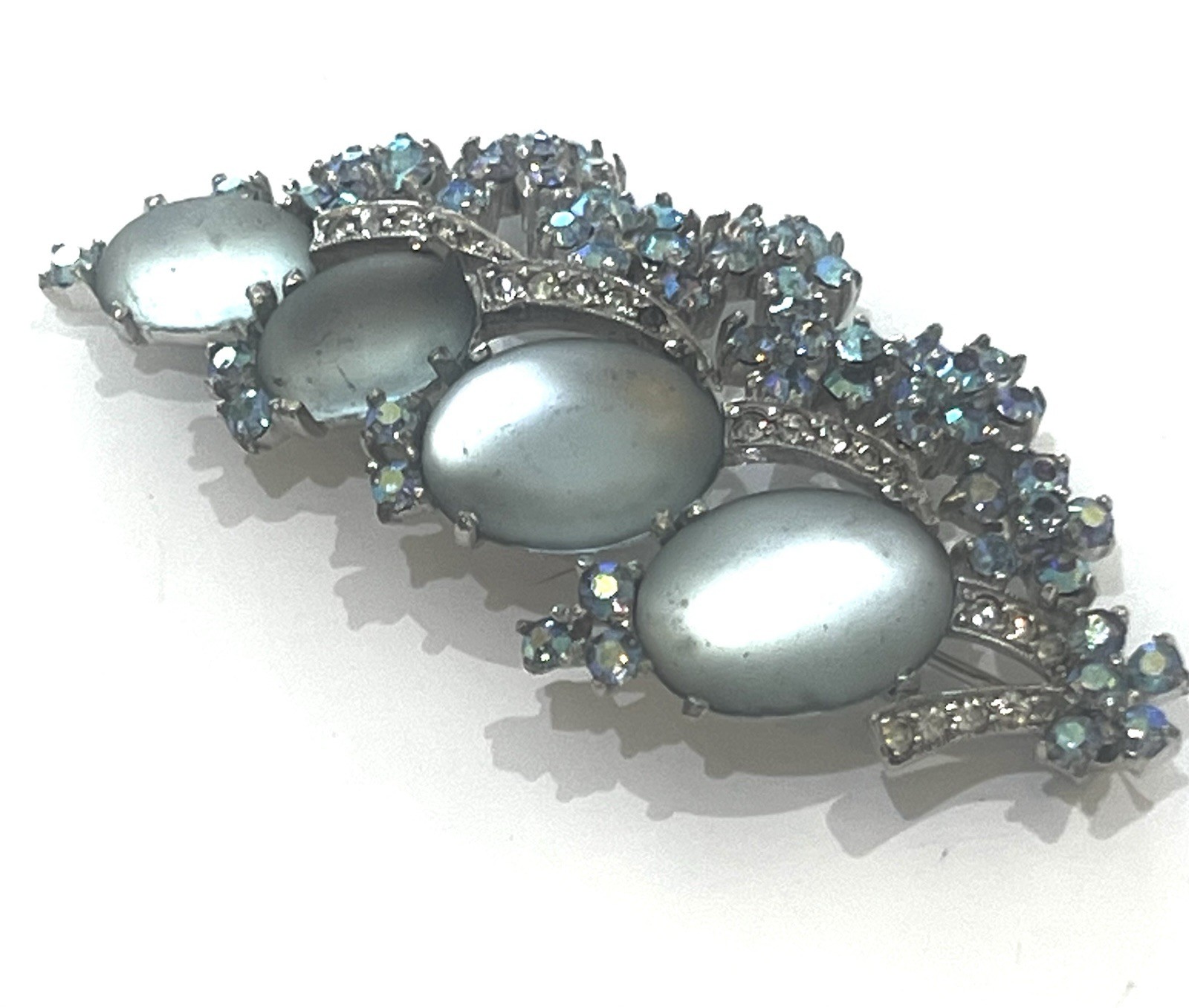 Jomaz Blue AB Stones & Frosted Oval Cabochons Brooch Signed