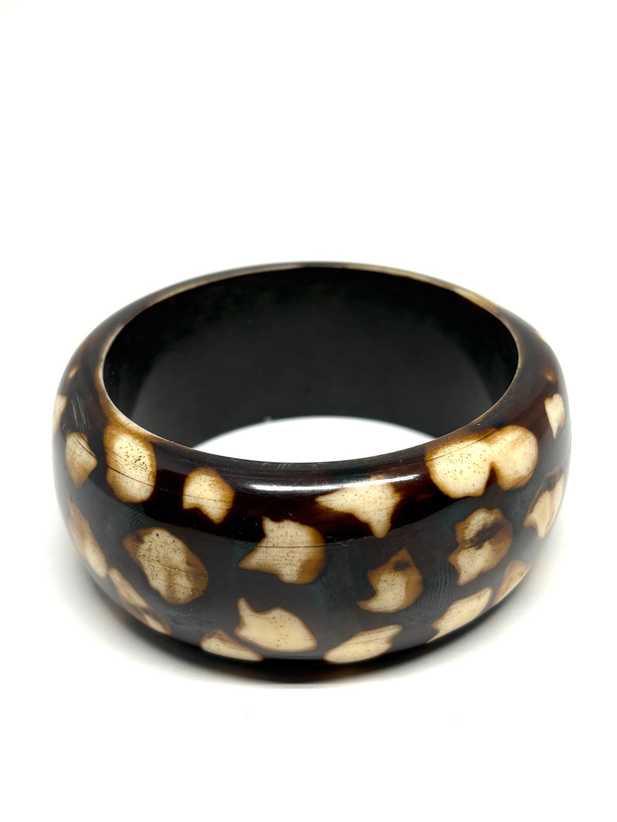Vintage Chunky Animal Giraffe Print Brown White Acrylic Wide Bangle Bracelet
