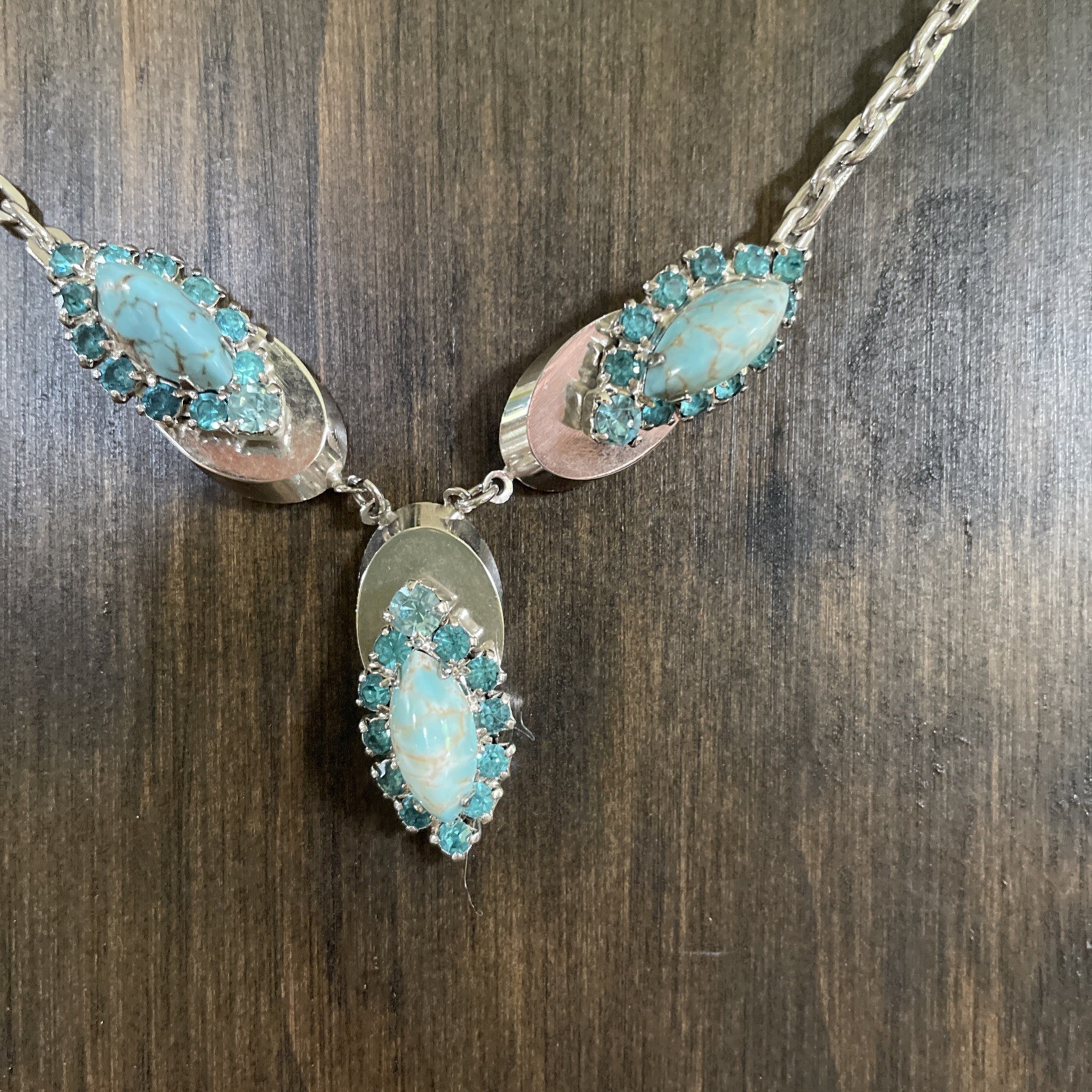 Vintage Rhinestone & Turquoise Silver Choker Necklace