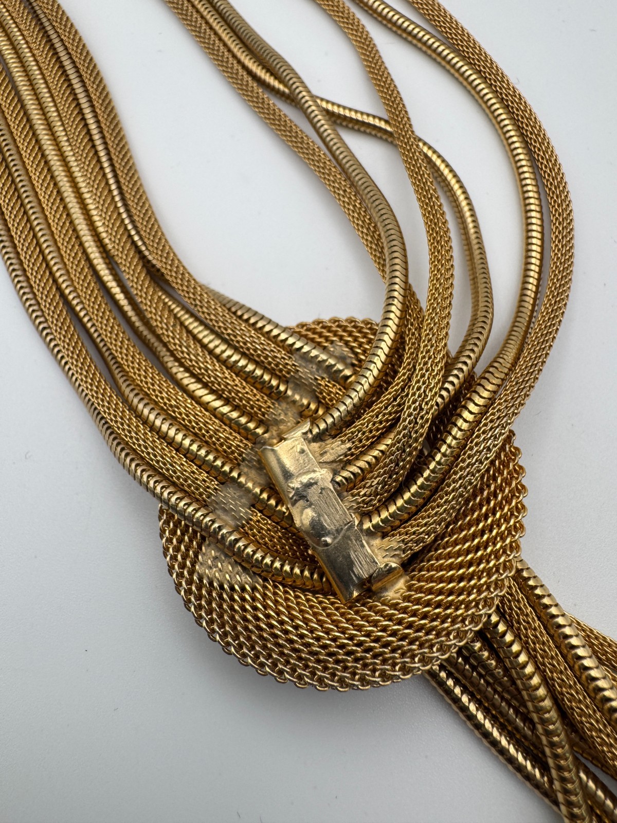 Vintage Mesh Necklace Multi Strand Snake Chain Tassel Knot Fringe Gold Tone