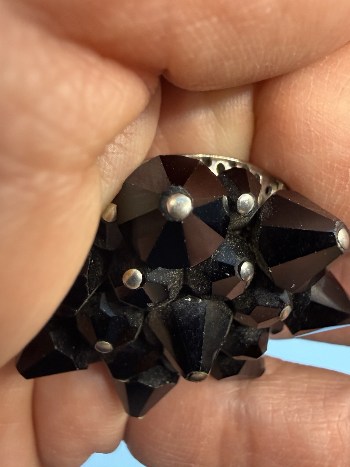 Vintage Black Faceted Glass Flower Star Pin Brooch 1 1/2 inches Across