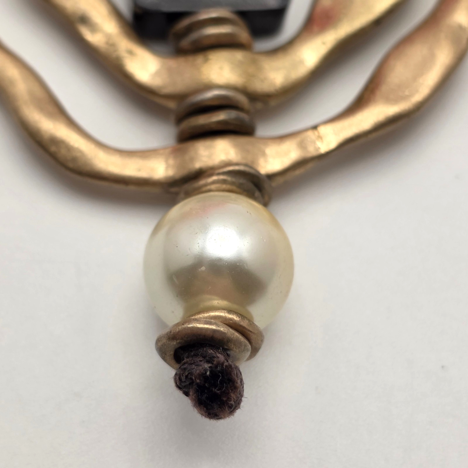 Vintage Hammered Pendant Necklace Faux Pearl Black Wood Bead Artisan Boho 35 In