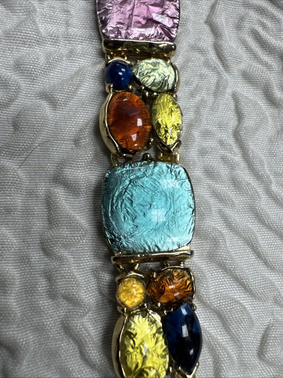 Vintage Foiled Art Glass Gold Plate Panel Link 8”Bracelet