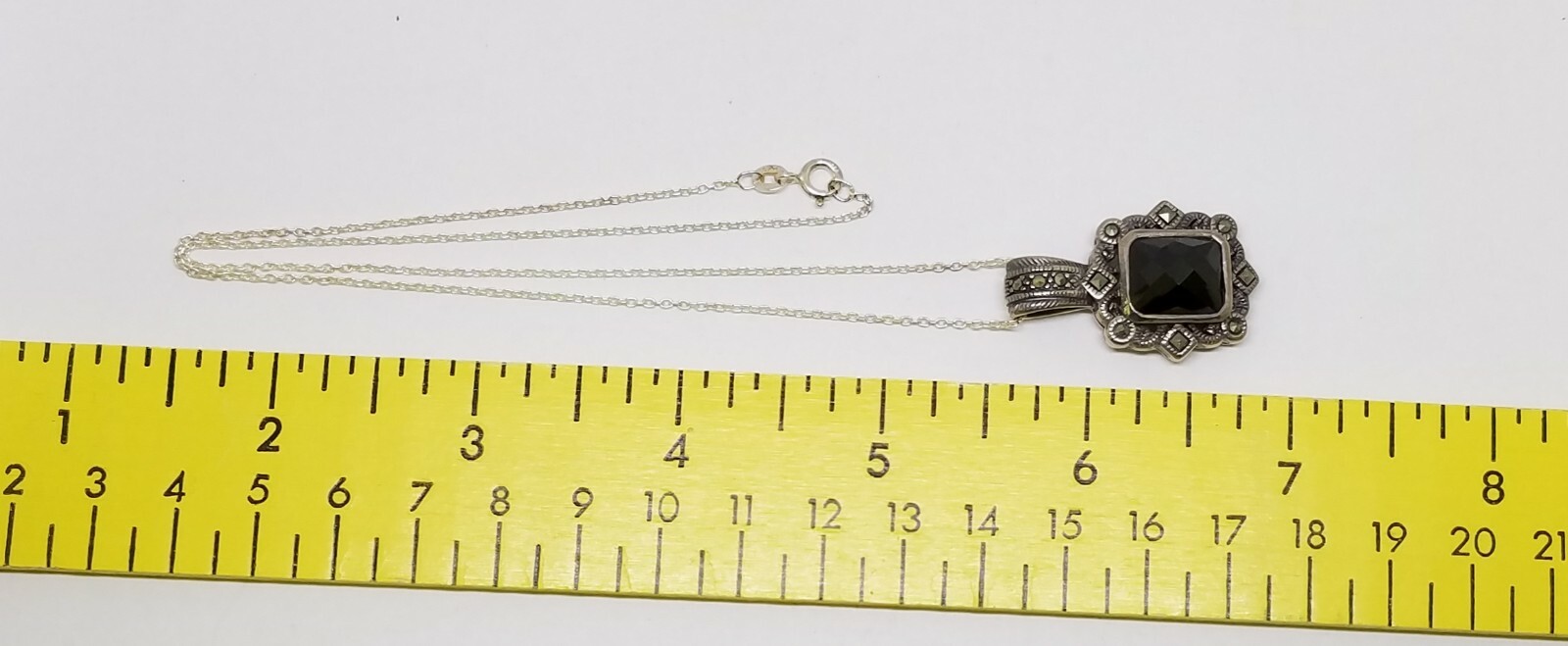 HSN CFJ Sterling Silver Faceted Onyx Marcasite Pendant Necklace ~ 16″