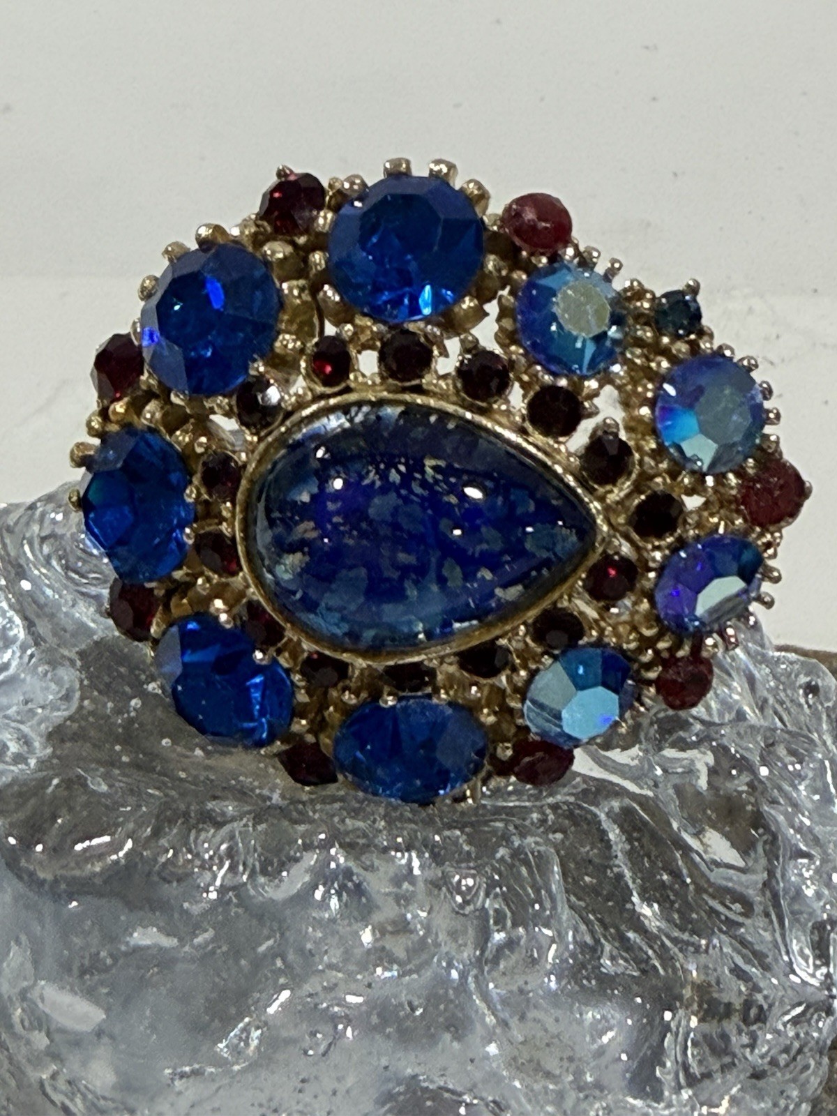 Vintage Brooch Center Teardrop Colbalt Blue AB Rhinestone Ruby Red Accent Stones