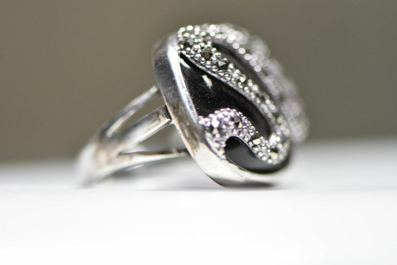 Snake ring onyx marcasites sterling silver women Size 6.75
