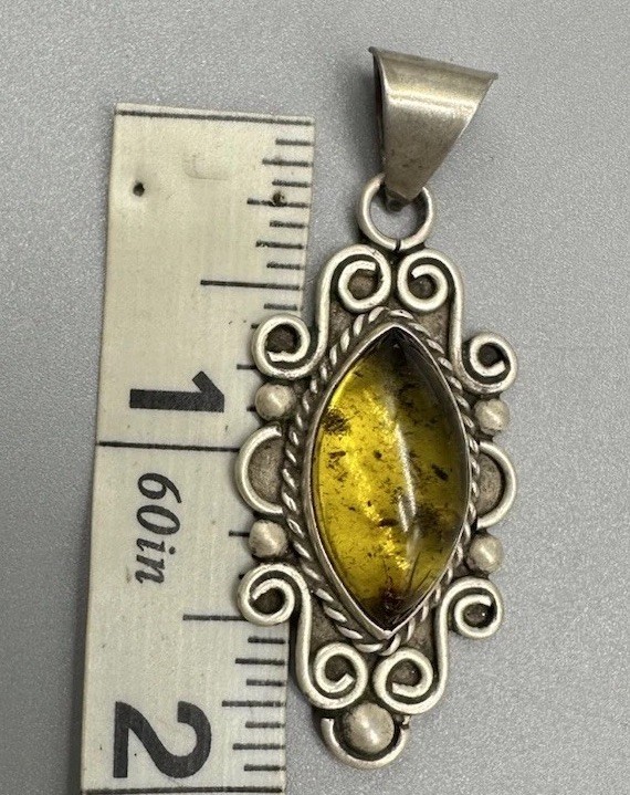Vintage Sterling Silver Pendant Amber Resin Cabochon Boho Scroll Marquise 2”