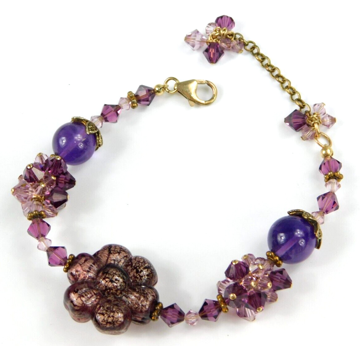 Stunning Gold Filled Crystal & Amethyst Purple Flower Beaded Bracelet 7-9″ Long