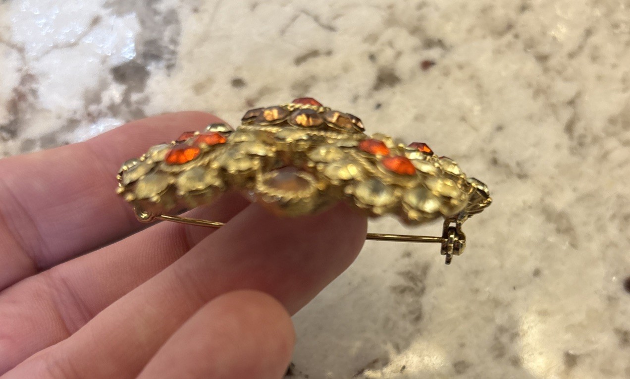 Vintage Round Floral Rhinestone Brooch Pin Fall Colors Green Orange Brown Gold